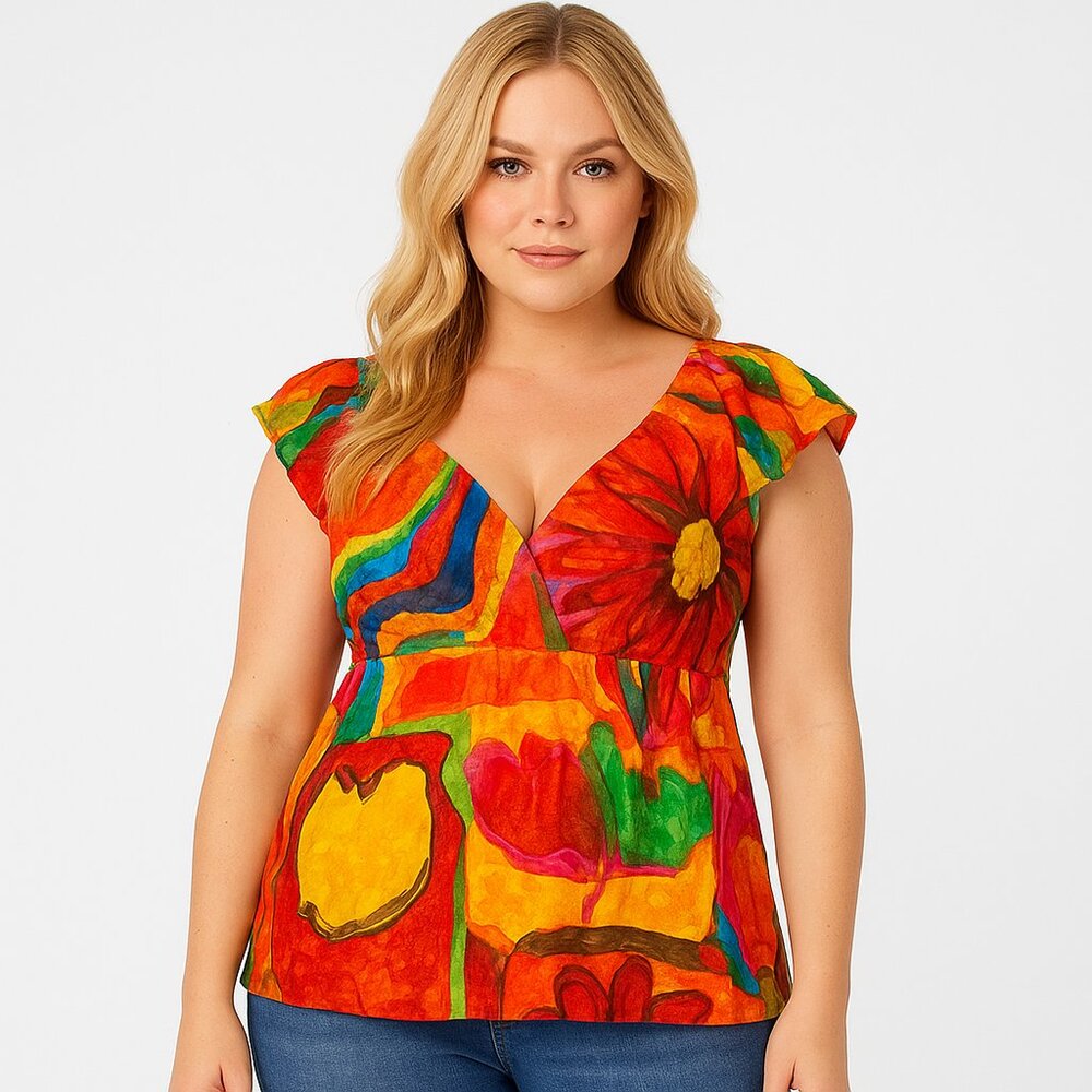 NWT JAMS WORLD Hawaiian Blossoms Sweetheart Babydoll Top Cap Sleeve Blouse XL